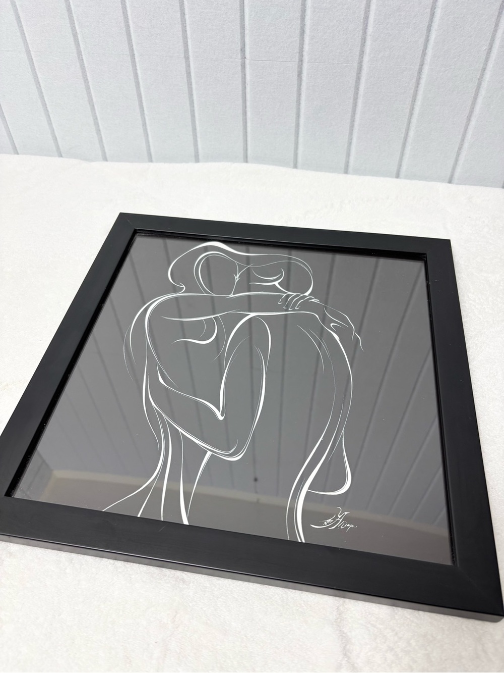 Minimalist United Couple Glass Art Black Framed Print Modern Bedroom Art